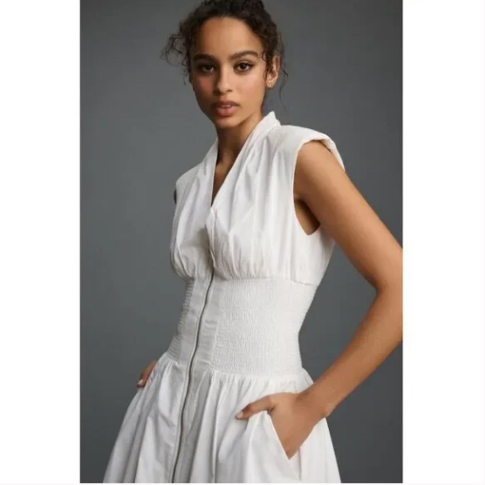 Anthropologie The Tommie Cap-Sleeve Smocked Front-Zip Shirt Dress White L